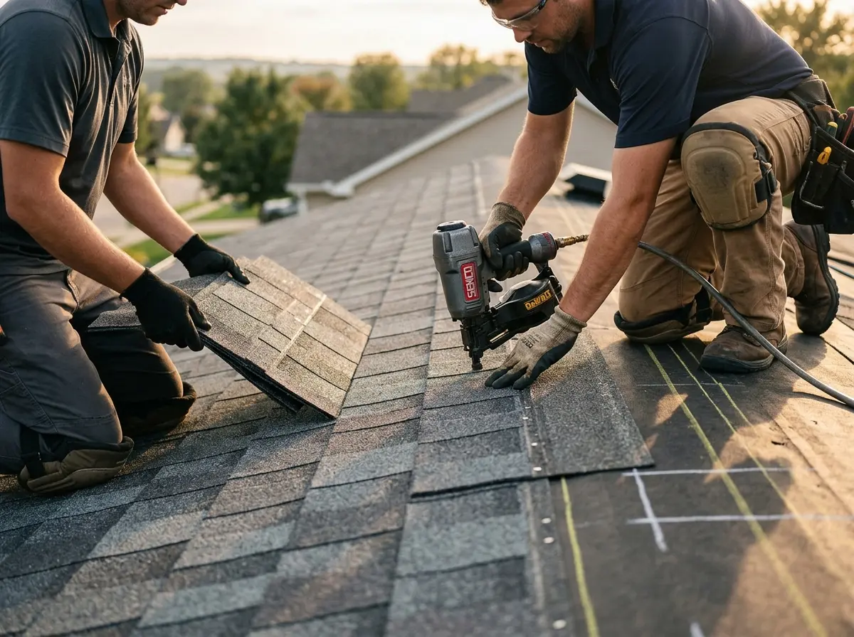 Professional roofer working on a residential roof in Detroit